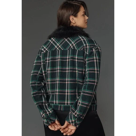 Anthropologie Maeve Collar Coat Women Green Plaid Crop Faux Fur Retro Large NWT